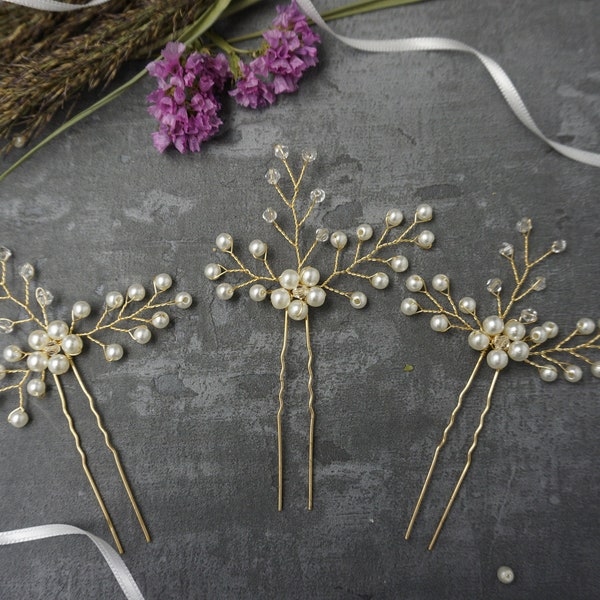 3 gold Haarnadel Barcis Braut-Haarschmuck Perlenblume Kristall auch für Brautjungfer/Trauzeugin/Blumenmädchen Vintage BBIL Hochzeit