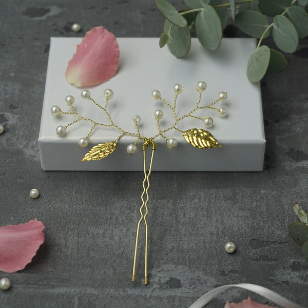 gold Blätter-Haarnadel Perlen, Hochzeit Haarschmuck für Braut/ Brautjungfer/Trauzeugin (Gold) San Remo Belle's Brides Flügel Perlenäste