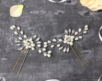 2 silber/ gold Haarnadeln Asti Perlen Kristall Blume Haarschmuck für Braut/ Brautjungfer/Trauzeugin/Blumenmädchen Vintage BBIL Hochzeit