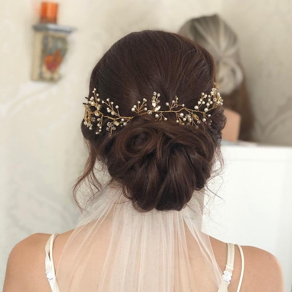 Maria Braut-Haarschmuck gold Haarband Perlenblume Kristall auch für Brautjungfer/Trauzeugin/Blumenmädchen Vintage BBIL Hochzeit