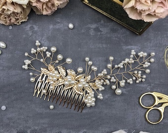 Pearl Flower Gold Bridal Hair Comb, Wedding Hair Accessory