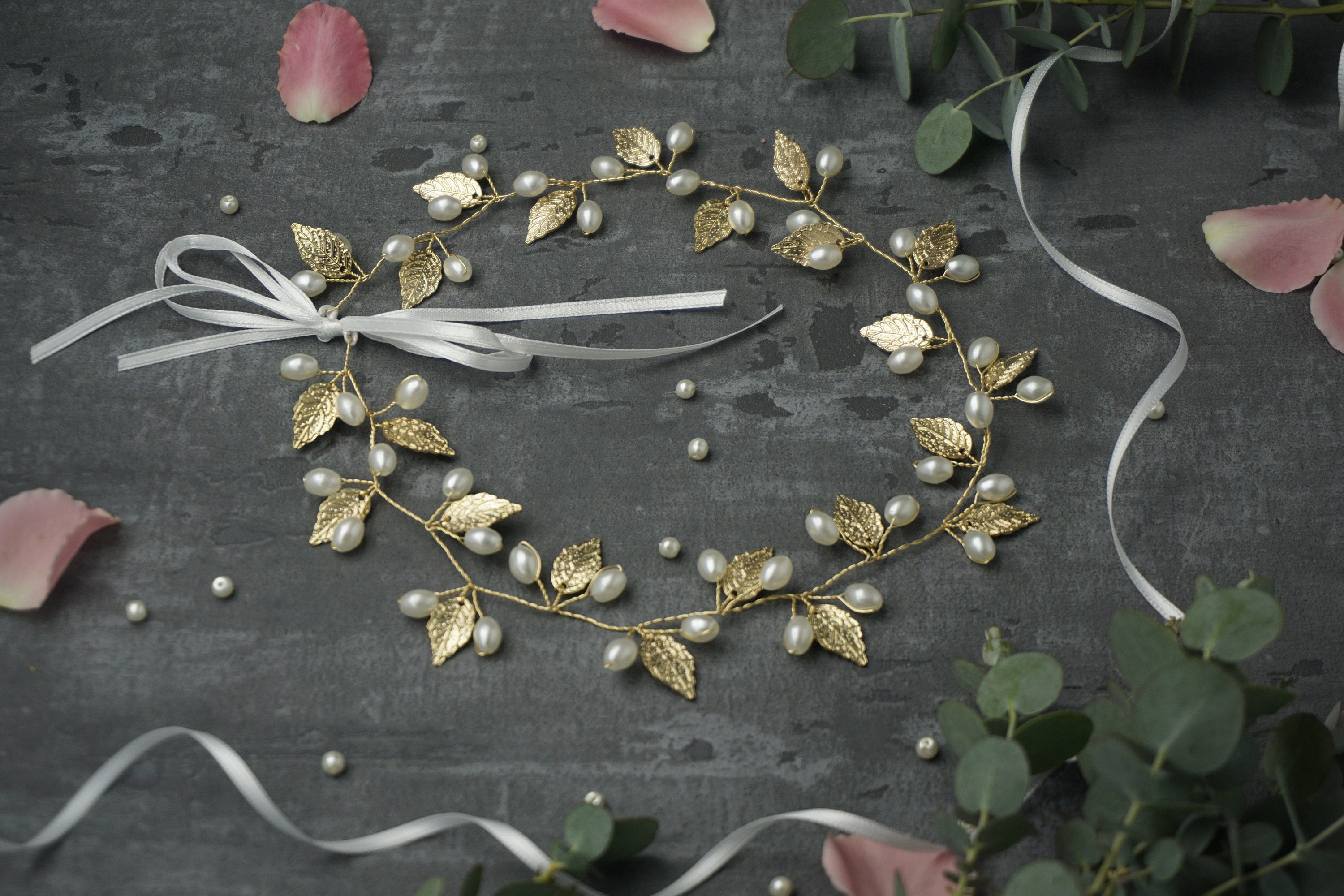 Roma gold/rotgold/rose/silber Belle's Brides Hochzeit Blätter-Haarkranz Rebe Weinstock mit Perlen, Haarschmuck für Braut/ Brautjungfer