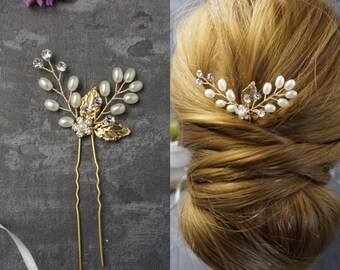 Brauthaarschmuck Hochzeit goldene Blätter-Haarnadel mit Kristall Perlen Strassblume Strass Brautjungfer Trauzeugin (Gold) Magherita BBIL