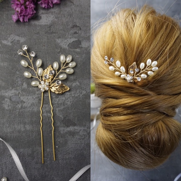 Brauthaarschmuck Hochzeit goldene Blätter-Haarnadel mit Kristall Perlen Strassblume Strass Brautjungfer Trauzeugin (Gold) Magherita BBIL