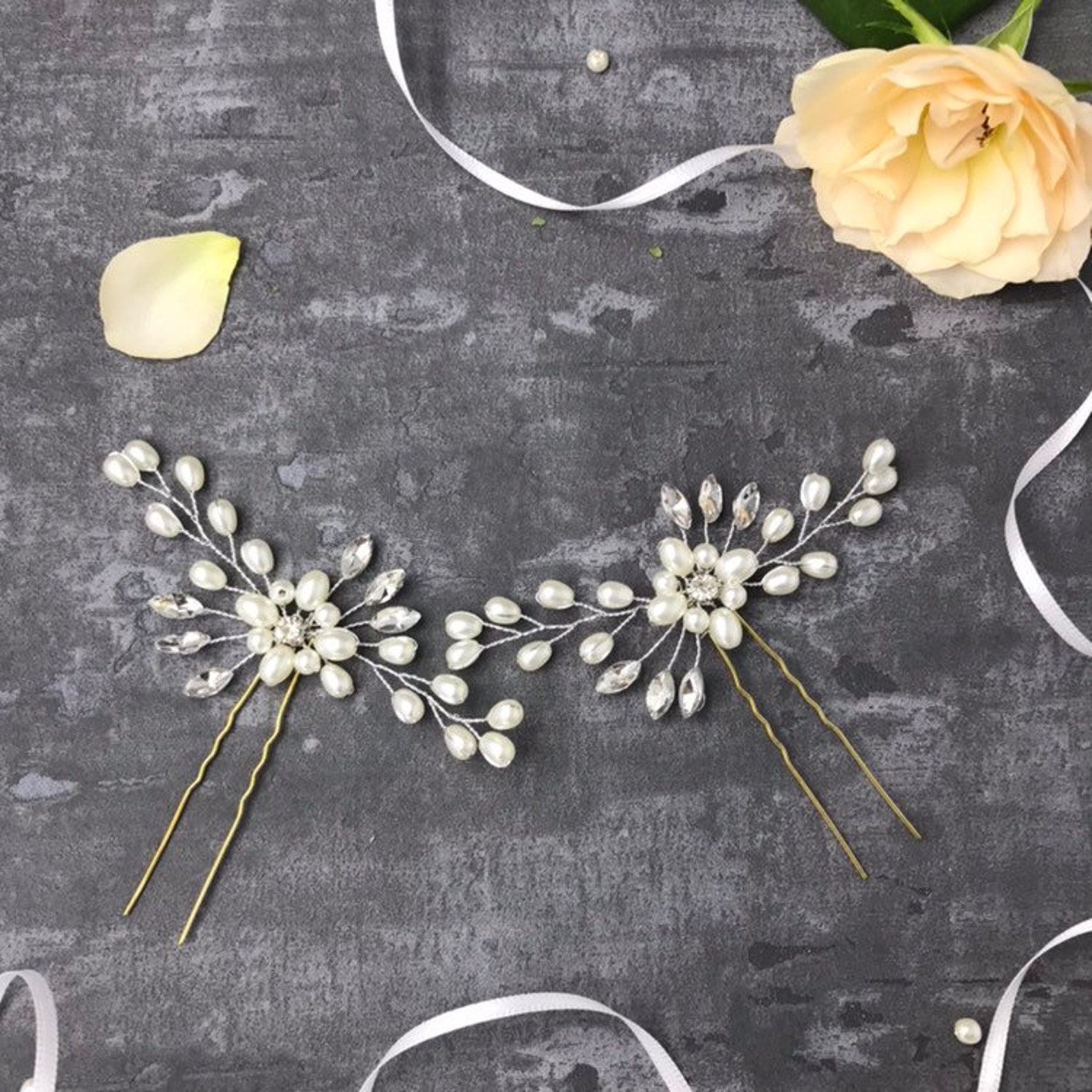 GENBREE Braut-Haarnadeln Mit Perlen & Strass | Für Hochzeit, Ball Oder Party | Silberfarben | Ca. 50 Cm Langes Haarteil