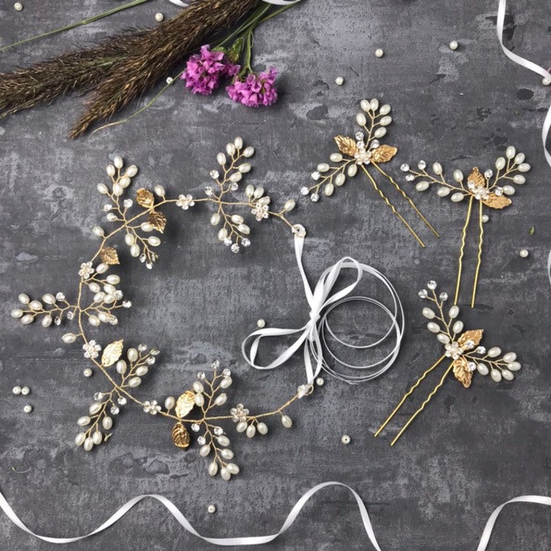 4-teiliges Braut-Haaraccessoire-Set – Goldene Blätter Mit Strass & Perlen – Vintage Look Für Hochzeit & Festliche Anlässe