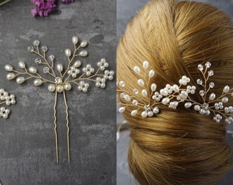 2 gold Haarnadeln Lana Perlen Kristall Blume Haarschmuck für Braut/ Brautjungfer/Trauzeugin/Blumenmädchen Vintage BBIL Hochzeit