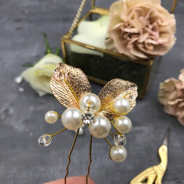 INA Perlen-Braut-Haarnadel Blumen Gold Hochzeit, Braut Haar-Accessoire, Hochzeit Kopfschmuck, Haarschmuck, Hochzeit, Blume, Blätter