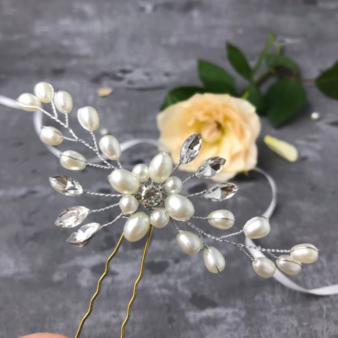 GENBREE Braut-Haarnadeln Mit Perlen & Strass | Für Hochzeit, Ball Oder Party | Silberfarben | Ca. 50 Cm Langes Haarteil
