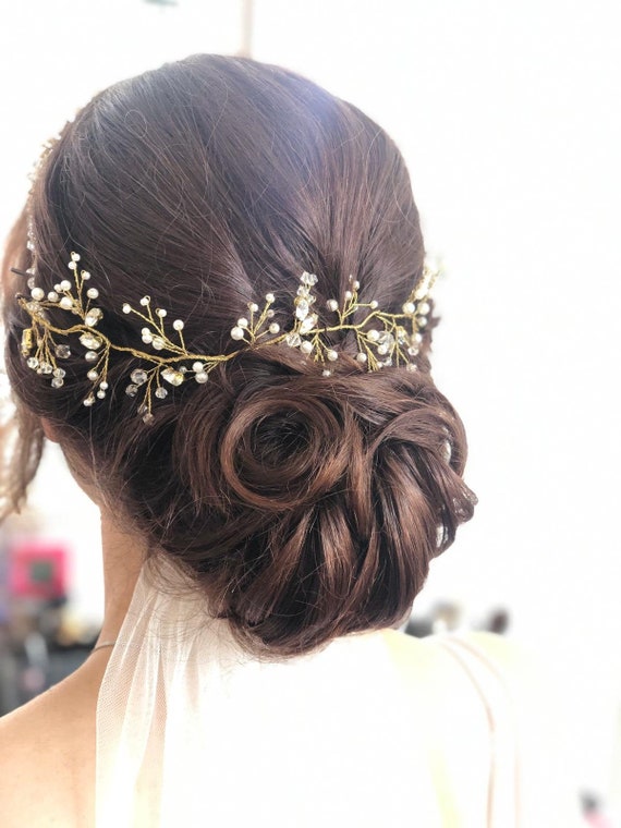 Gold Bridal Hair Vine: Pearl & Crystal Flower, Wedding  display picture 2