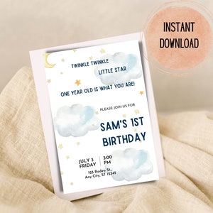 Editable 5x7 First Birthday Invitation Twinkle Twinkle Little Star Download Printable Canva Template