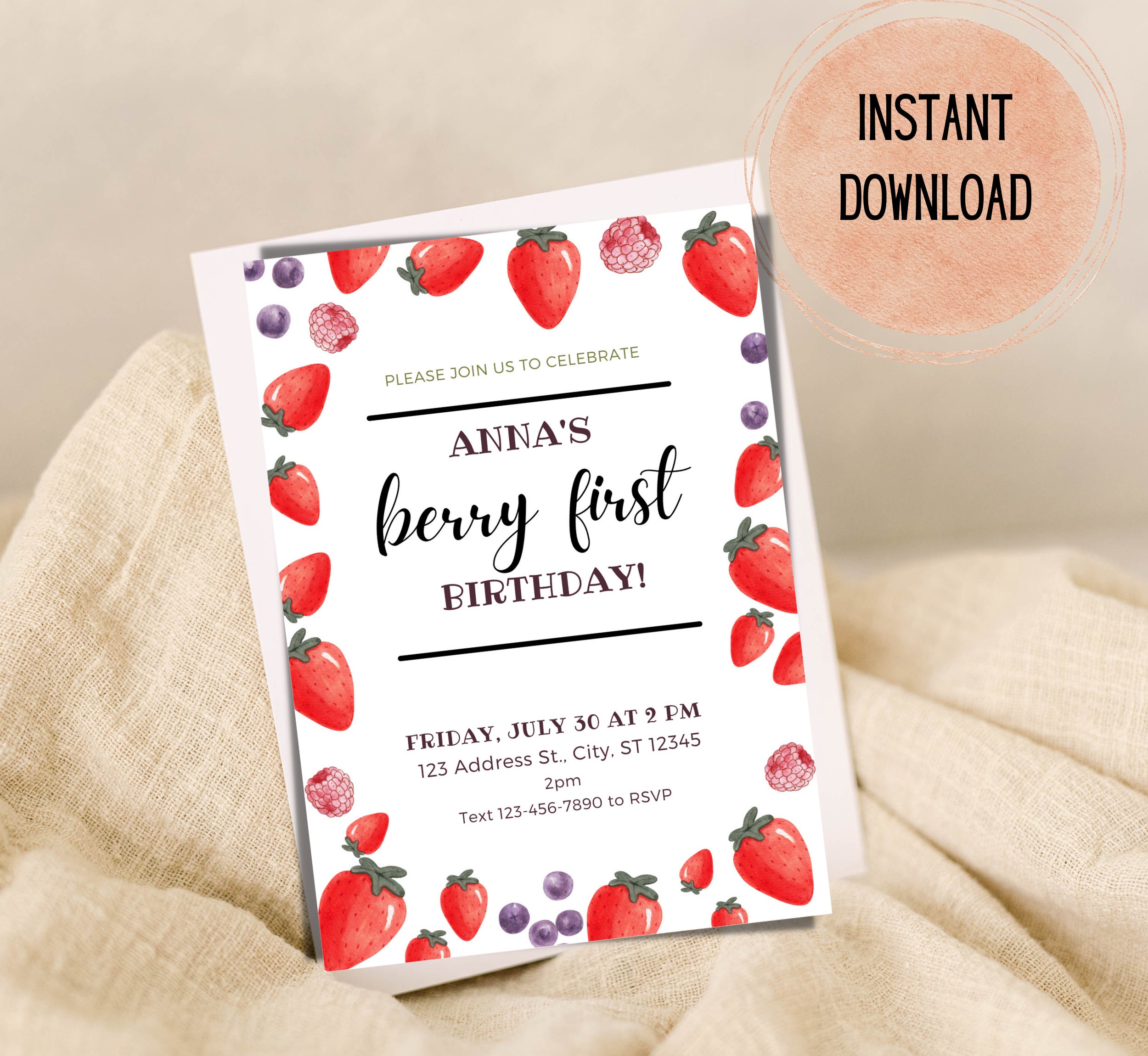 Editable 5x7 Berry First Birthday Invitation Download Printable Canva ...