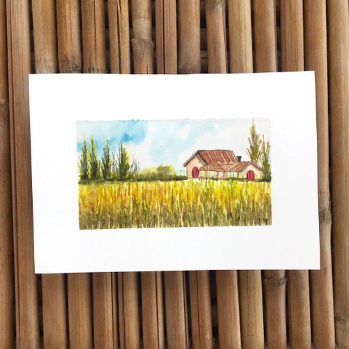 Original landscape watercolor painting, house, collectible, yellow green, Tuscan, unframed 4 shops x6, gift