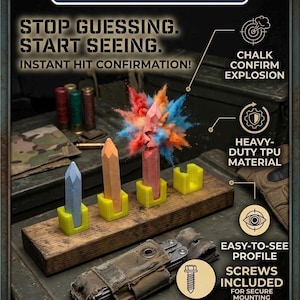 May include: Liberty Pillar Chalk Targets featuring four hexagonal chalk sticks in blue, orange, and pink, held by yellow TPU mounts on a wooden base. One pink chalk stick is exploding in a cloud of orange and blue dust. Text includes "Stop Guessing. Start Seeing. Instant Hit Confirmation!" and "Fits Jumbo Hexagonal Chalk Designed & Printed in Utah."