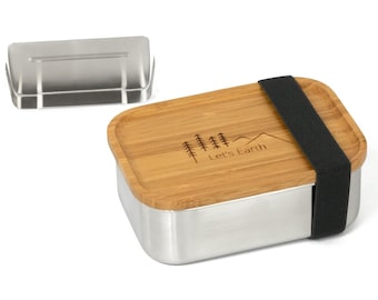 Brotdose Edelstahl - Für Wanderung - Bambusdeckel - 800 ml (0,8 Liter) - Klein - Mit Schneidebrett - Gummiband - Lunchbox aus Edelstahl