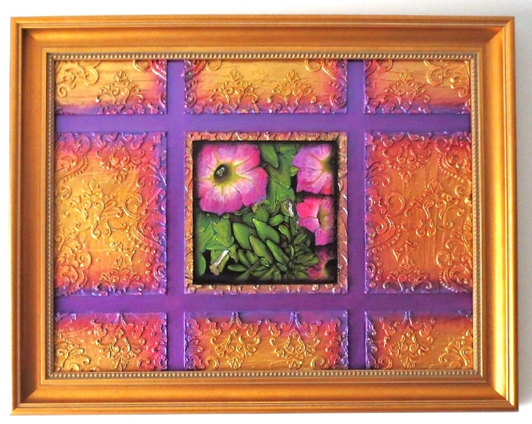 Framed Floral Wall Art, Original Acrylic Artwork, Impasto Painting Canvas, Gold Art, Livingroom