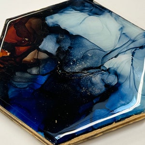 Hexagonal Coasters | Blue & Gold Hand painted | Contemporary | Miniature Wall Art | Ceramic | Housewarming Gift