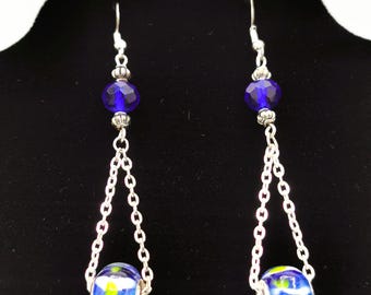 Blue Glass Bead Dangle Earrings
