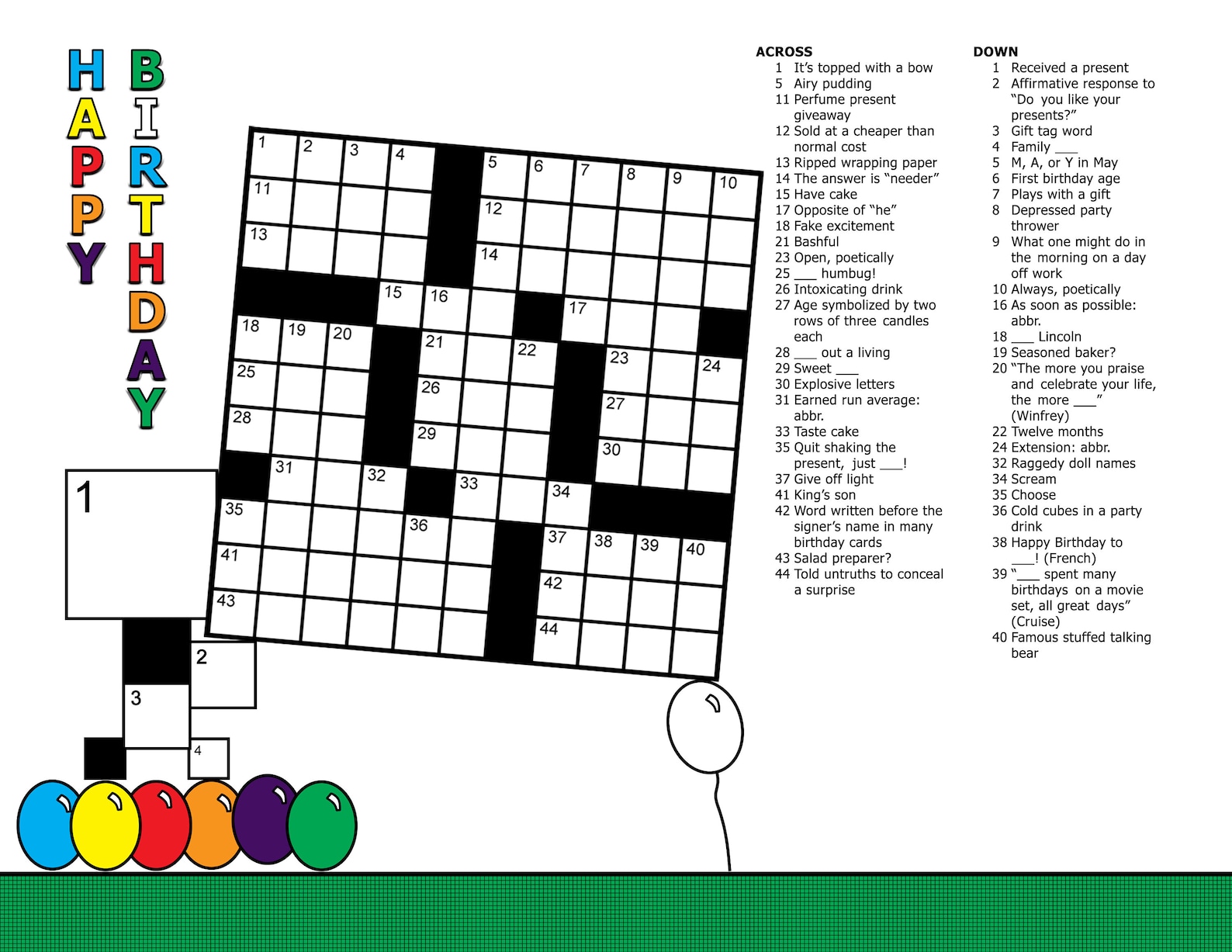 Birthday Crossword Puzzle 48 Clues ColorDIGITAL DOWNLOAD Etsy