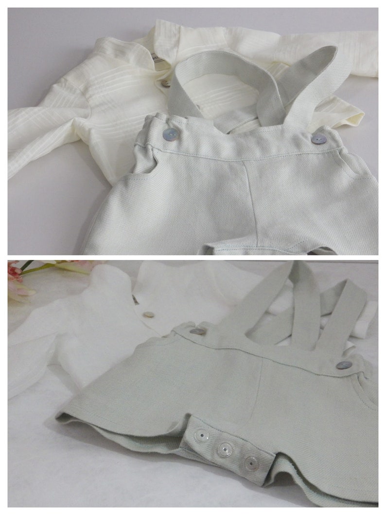 May include: Two sets of baby overalls. The first set is white with a white button-down shirt. The second set is light green with a white button-down shirt.