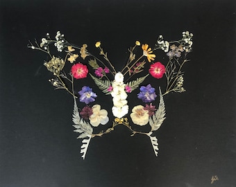 Black Butterfly Handmade Pressed Flower Art 16x20