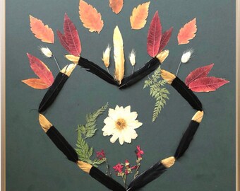 Warrior Heart Handmade Pressed Flower Art 16"x 20” Beautiful Unique Art For Home, Gift or Any Occassion