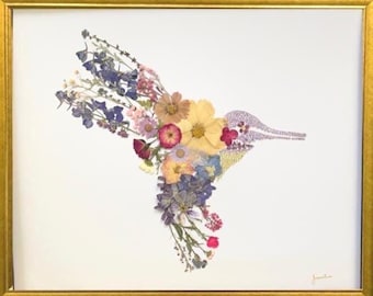 Lila Kolibri ~ Handgemachte gepresste Blumen Kunst ~ 16 "X 20"