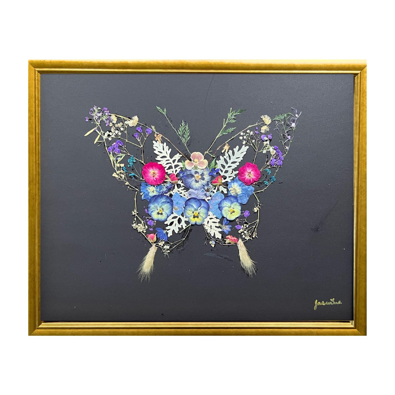 Black Butterfly ~  Handmade Pressed Flower Art ~ 16”x20"