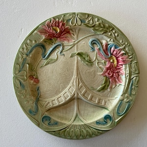 France Antique Sarreguemines Majolica Barbotine Flower and Ribbon Asparagus Plate #1#2#3 French Vintage