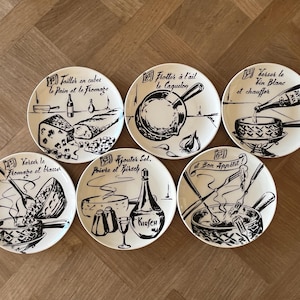 Set of 6 France Antique GIEN Monochrome Cheese Fondue Recipe Plate Side Dish French Vintage