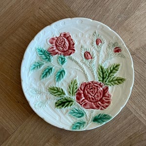 France Antique Barbotine Red Rose Dessert Plate French Vintage