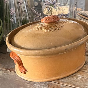 Può includere: Una pirofila ovale in ceramica color marrone chiaro con coperchio abbinato. Il coperchio presenta un rilievo floreale decorativo centrale e un piccolo pomello. Due manici color arancio sono fissati ai lati della base dalla finitura liscia.