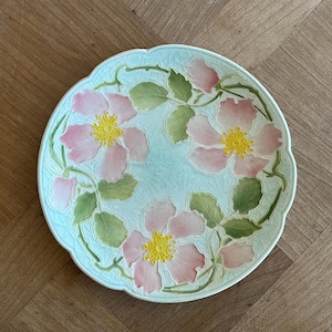 France Antique Barbotine Pink Eglantine Dessert Plate French Vintage