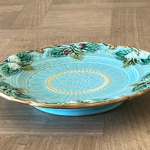 France Antique Sarreguemines Majolica Strawberry cake stand compotier French Vintage