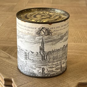French Vintage Box, Strasbourg Landscape, Grisaille Print, Tin and Cardboard France Antique