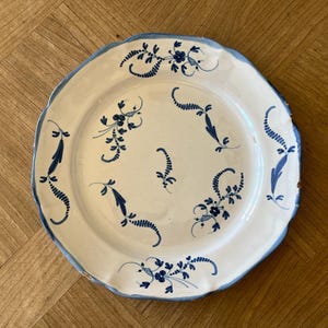 France Antique 18th-19th Century French White Glaze Blue Brandille Painted Plate French Vintage