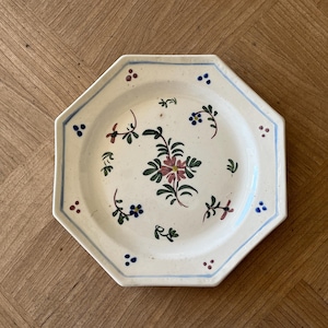 France Antique ALLIOUD Faience Octogonal Flower Hand Painting Dessert Plate French Vintage