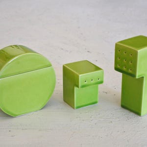 French Vintage Green Glaze Salt & Pepper Moutardier 3-Piece Set France