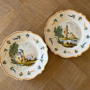 Set of 2 French Antique Emile Tessier Malicorne Porcelain Hand Painted Plates with Castle and Lake France Vintage