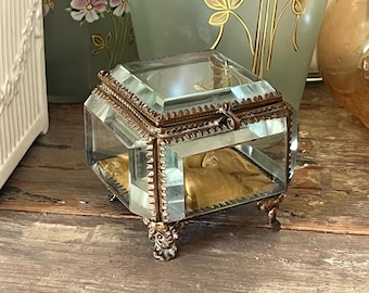 France Antique Beveled Glass and Brass Jewellery Box Square 7.5x7.3x6.7cm Napoleon III French Vintage