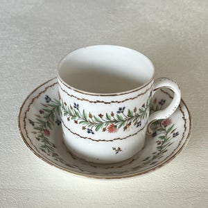May include: A white porcelain teacup and saucer with a delicate floral pattern in shades of blue, green, red, and gold. The floral design features small sprigs of leaves and flowers.