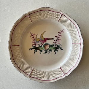 France Antique 18th Century Faience Bird Painting Plate with Wheat Relief Rim French Vintage