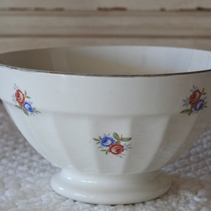 French Vintage Cafe au lait bowl, white background, blue and pink floral pattern