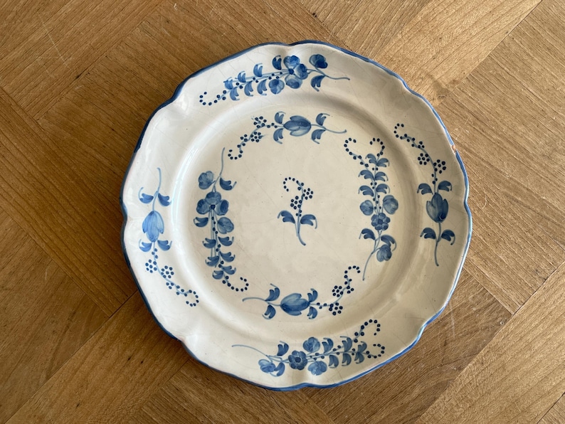 Antique French 18th Century Plate, White-Glazed Brindille Hand Paint Decoration #1