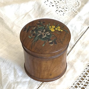 French antique Souvenir olive wooden box Mauchline Violets and Mimosa Cylinder-shaped box