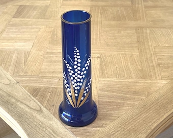 Antique French Blue Glass Vase: Lily of the Valley Enamel Painting