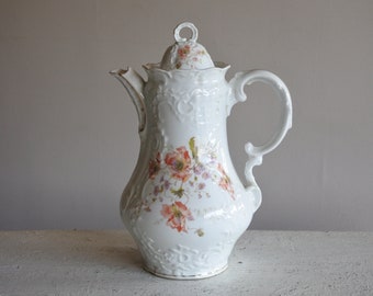 German Antique coffee pot Porcelain 1900 Flowers printed