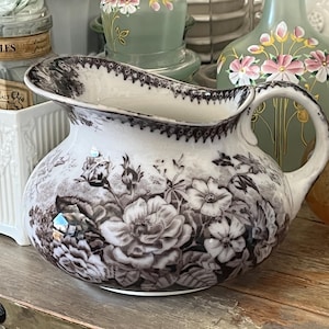 France Antique Jug Pitcher Sarreguemines jardiniere black transfer Flower printed Pichet French Vintage