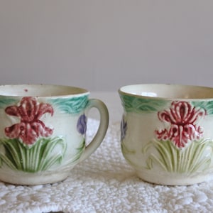 SET OF 2 ! French Antique Vintage barbotine Majolica cups tasses