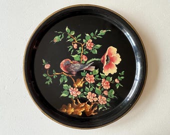 Antique France Bird and Flower Enamel Painting Large Tray Diameter 45cm French Vintage